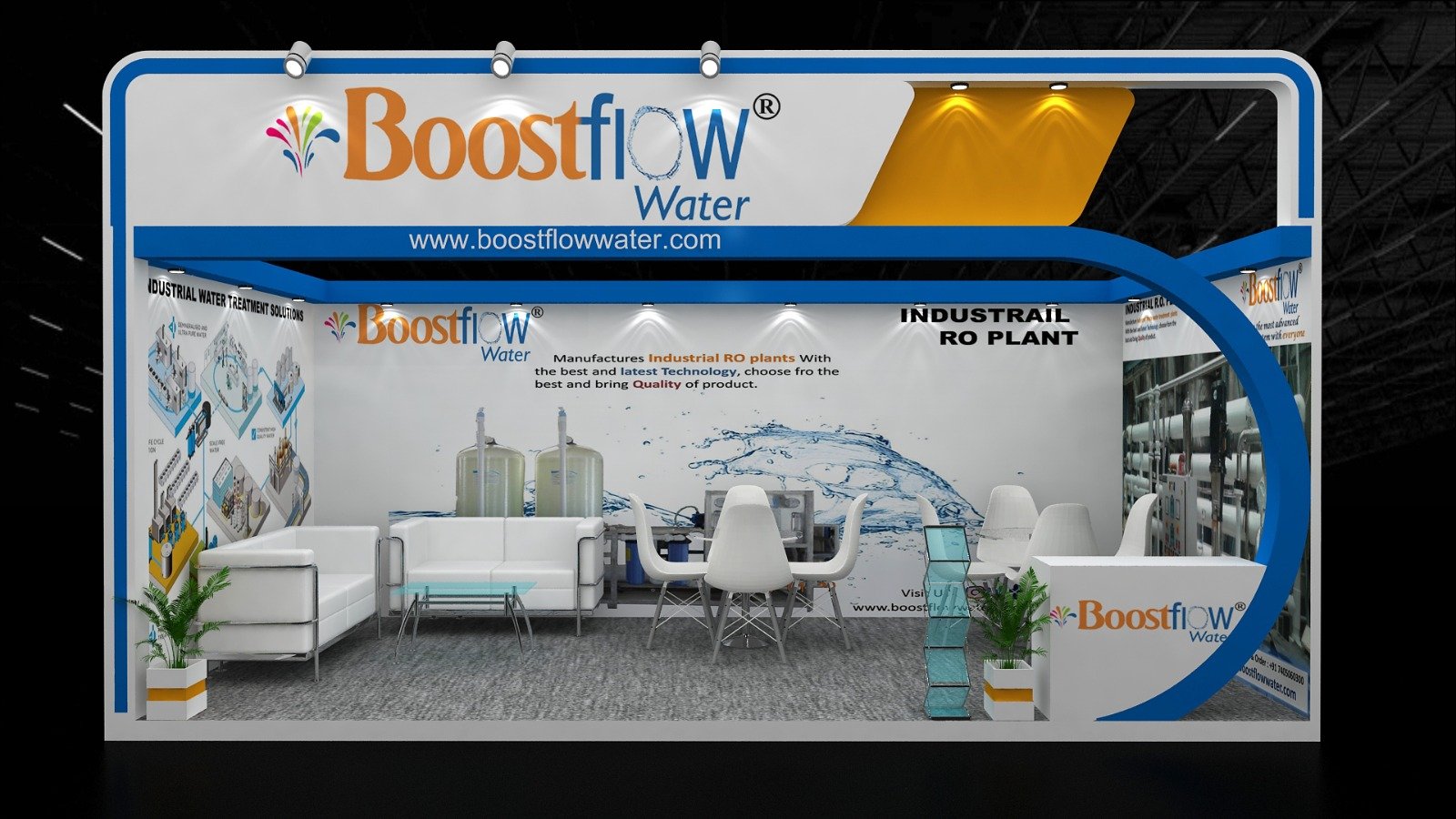 3D design of a Boostflow Water exhibition stall with lounge seating and an RO plant display