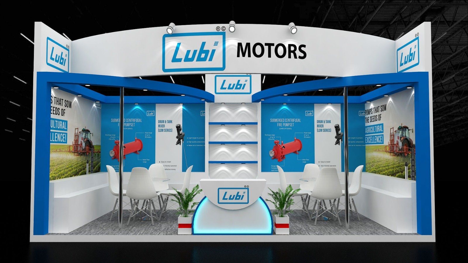 3D design of a blue and white exhibition stall for Lubi Motors with pump displays and meeting tables